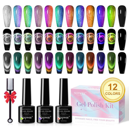Picture of SUPWEE Cat Eye Gel Nail Polish Set - 12 Colors 9D Magnetic Nail Polish Gel Galaxy Cateye Nail Gel Polish with 1 Black Gel and Magnetic Lamp Cure Required Home Manicure DIY Nail Art