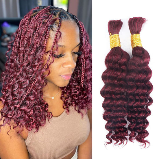 Picture of Human Braiding Hair for Boho Braids Burgundy Deep Wave Bulk Human Hair for Braiding 14 Inch 2 Bundles 100G #99J Wet and Wavy Curly Human Hair Red Braiding Hair Extensions No Weft Bundles for Braiding