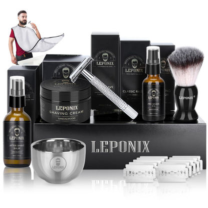Picture of Shaving Kit for Men, Include Safety Razor, Sandalwood Shaving Cream, Mens aftershave, Pre Shave Oil, Shaving Brush and Bowl, Shaving Bib -Unique Gifts for Men Him Stocking Stuffers