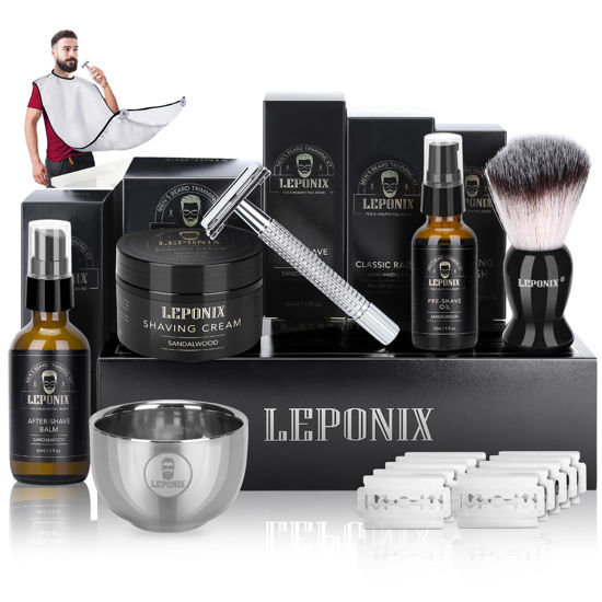 Picture of Shaving Kit for Men, Include Safety Razor, Sandalwood Shaving Cream, Mens aftershave, Pre Shave Oil, Shaving Brush and Bowl, Shaving Bib -Unique Gifts for Men Him Stocking Stuffers