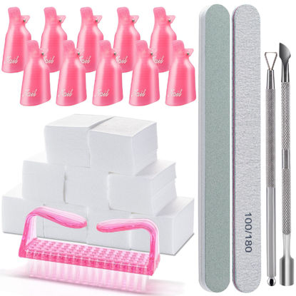 Picture of Gel Nail Polish Remover Tools Kit, with 10 Pcs Nail Clips, 400 Pcs Lint Free Nail Wipes, Nail Files 100/180, Buffer Block 400/4000, Nail Brush, Cuticle Pusher, Cuticle Peeler (Pink)
