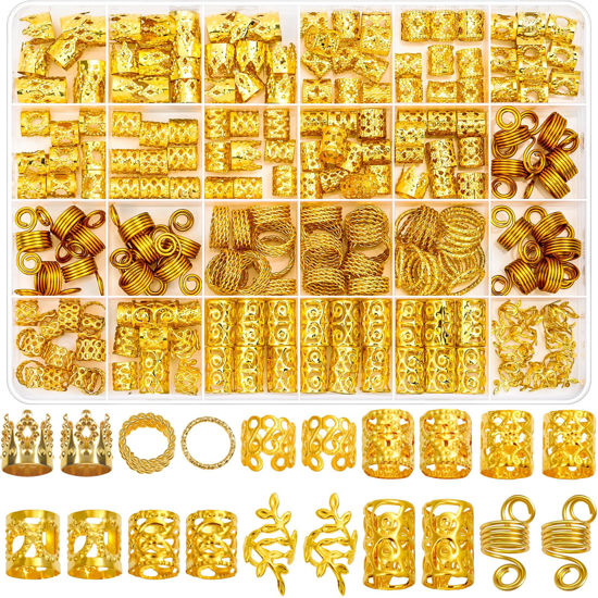 Picture of Lucomb 220 Pcs Gold Hair Jewelry for Braids, Loc Jewelry for Hair Dreadlock, Hair Charms for Women, Metal Gold Braids Rings Cuffs Clips for Dreadlock Accessories Hair Braids Jewelry Decorations