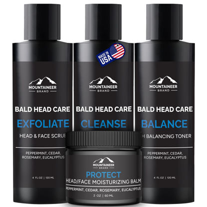 Picture of Mountaineer Brand Bald Head Care Gifts For Bald Men | All Natural 4 Step Daily Skin Care for Healthy Scalp & Face | Exfoliate Scrub | Cleanse Wash | Shine Away PH Balance | Protect Moisturizing Balm