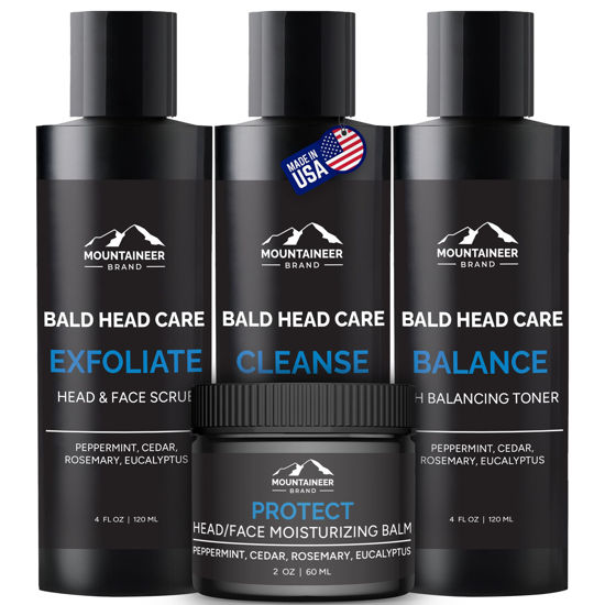 Picture of Mountaineer Brand Bald Head Care Gifts For Bald Men | All Natural 4 Step Daily Skin Care for Healthy Scalp & Face | Exfoliate Scrub | Cleanse Wash | Shine Away PH Balance | Protect Moisturizing Balm