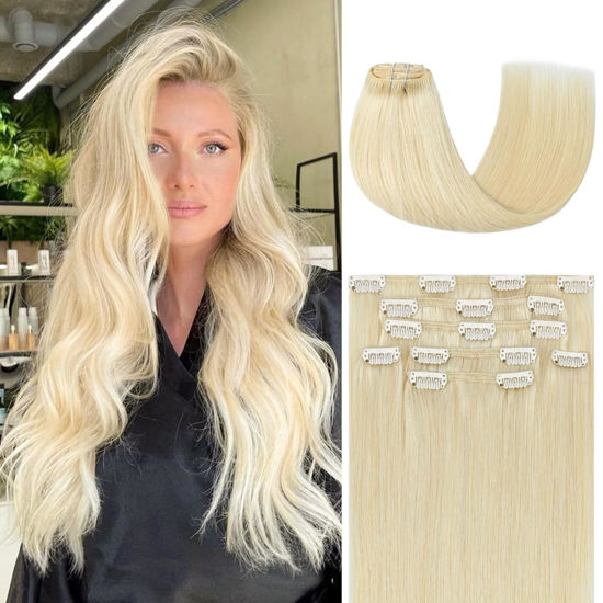 Picture of Honsoo Blonde Hair Extensions Clip in Human Hair Platinum Blonde 70g 7pcs 12inch Double Weft Straight Short Thick Remy Human Hair For Full Head No Tangles No Shedding