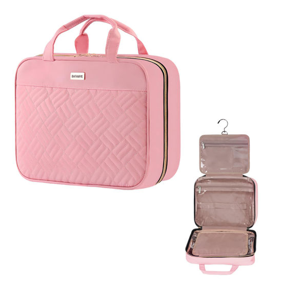 Picture of BAFAMYE 5.8L Travel Toiletry Bag for women - 2.1 GAL Water-resistant Makeup Cosmetic Bag Organizer With Hanging Hook for Travel Accessories Shampoo Full-size Container, Pink