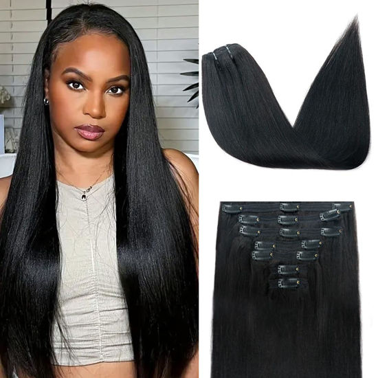 Picture of Yaki Straight Clip in Hair Extensions for Black Women Brazilian Human Hair Extensions 8Pcs Remy Hair Extensions Clip in Human Hair with 18Clips Double Lace Weft 120g 20inch Natural Black