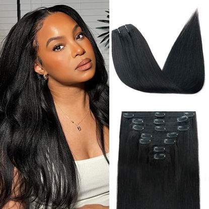 Picture of Yaki Straight Clip in Hair Extensions for Black Women Brazilian Human Hair Extensions 8Pcs Remy Hair Extensions Clip in Human Hair with 18Clips Double Lace Weft 120g 18inch Natural Black