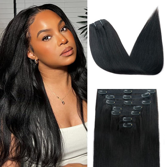 Picture of Yaki Straight Clip in Hair Extensions for Black Women Brazilian Human Hair Extensions 8Pcs Remy Hair Extensions Clip in Human Hair with 18Clips Double Lace Weft 120g 18inch Natural Black