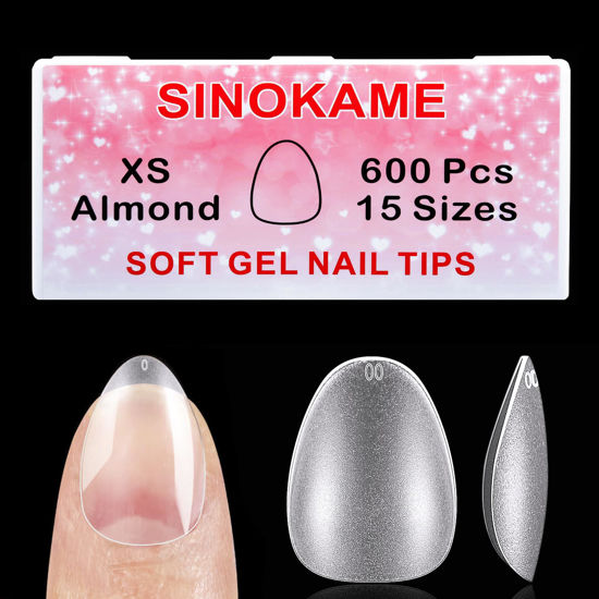 Picture of Extra Short Almond Nail Tips, SINOKAME No File Gel Nail Tips with Tip Primer Cover, for Tiny Petite Child &Average Nail Beds, Clear Gel Press on Fake Nails Short for Nail Extensions,600Pcs 15 Sizes