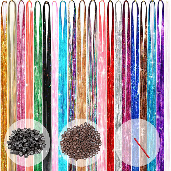 Picture of Hair Tinsel Kit (48 Inch,20 Colors, 6200 strands), Fairy Tinsel Hair Extensions with Tools - Glitter Hair Tinsel Heat Resistant Accessories for Girls Women Kids Christmas New Year Halloween Cosplay