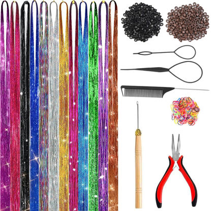 Picture of Hair Tinsel Kit (48 Inch,12 Colors, 3800 strands), Fairy Tinsel Hair Extensions with Tools - Glitter Hair Tinsel Heat Resistant Accessories for Girls Women Kids Christmas New Year Halloween Cosplay