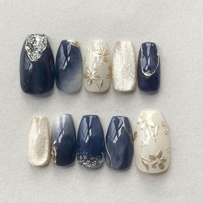 Picture of LBPEPAMZ Purple Press on Nails Short Medium Coffin Fake Nails with 3D Embossed Silver Flower Designs White Gradient French Tips False Nails Full Cover Glitter Glossy Stick on Nails for Women 24Pcs