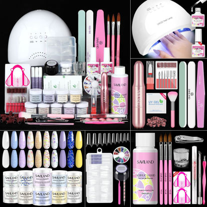 Picture of Saviland Acrylic Nail Kit with Everything: 10 Colors Acrylic Powder Clear Liquid Monomer 48W Nail Lamp 20000RPM Nail Drill Complete Tools Home Manicurist Nail Extensions