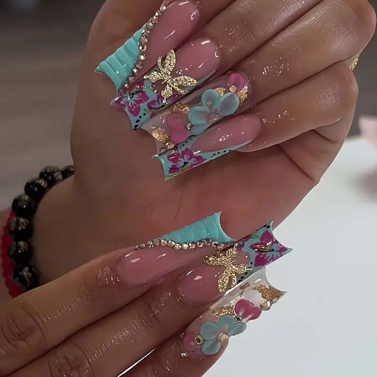 Picture of QQPPOLIU Long Press on Nails Square Fake Nails Acrylic False Nails with Floral and 3D Butterfly Designs Stick on Nails Pink To Purple French Tip Nails Press on 24pcs Gift for Women