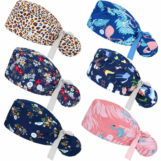 Picture of 6 Pcs Scrub Caps Women Nursing Hats with Buttons Adjustable Bouffant Nurse Hats Ponytail Holder Bouffant Turban(Fresh Patterns)