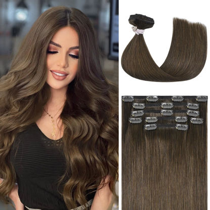 Picture of Honsoo Brown Hair Extensions Clip In Human Hair Extensions Medium Brown 100g 20in 7pcs Natural Soft Hair, Can Be Styled Long Straight Hair