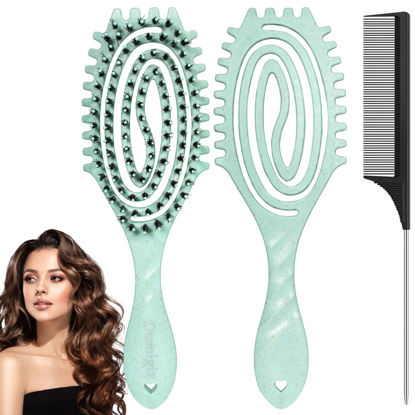 Picture of Oumigiz Curl Defining Brush, Boar Bristle Detangling Hair Brush for Women Girls Thick Curly Wavy Hair Wet Dry Use, Fast Blow Drying Vented Styling Hairbrush, Smoothing Hair No Tangle (Turquoise)