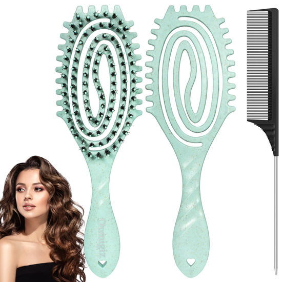Picture of Oumigiz Curl Defining Brush, Boar Bristle Detangling Hair Brush for Women Girls Thick Curly Wavy Hair Wet Dry Use, Fast Blow Drying Vented Styling Hairbrush, Smoothing Hair No Tangle (Turquoise)