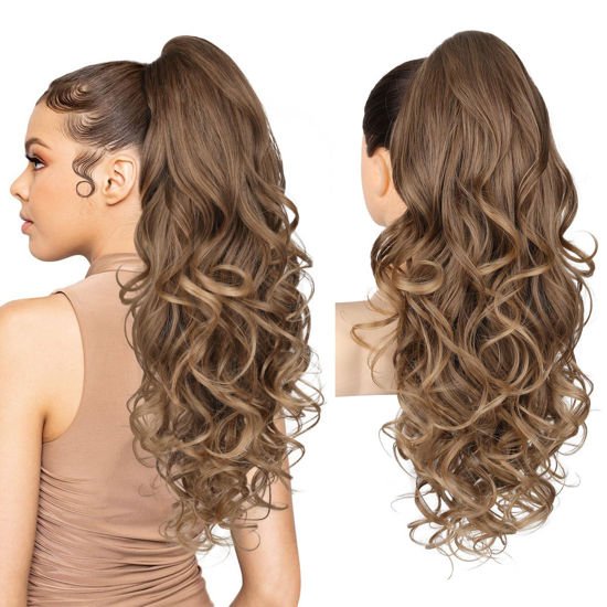 Picture of REECHO Ponytail Extension, 24" Claw Clip in Ponytail Extensions Long Curly Wavy Ponytail Hair Extension Jaw Clip on Pony Tails Hairpiece for Women - Dark Ash Blonde with Golden Ends