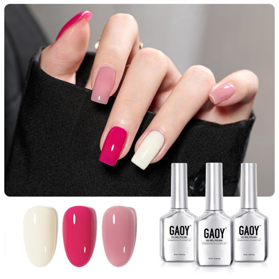 Picture of GAOY Gel Nail Polish Kit, 3 Colors 16ml White Jelly Magenta, Soak Off UV Gel Polish Set - Rose Quartz
