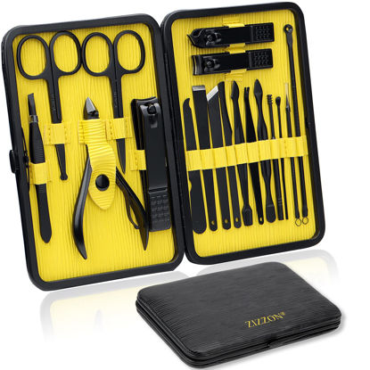 Picture of ZIZZON Manicure Set 18 in 1 Professional Pedicure Set Nail scissors Grooming Kit with Leather Travel Case (Black/Yellow)