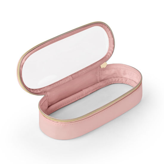 Picture of Soimeat Clear Travel Makeup Brush Holder, Leather Makeup Brush Toiletry Bag, Portable Cosmetic Brush Case, Transparent Waterproof Makeup Brush Storage Bag, Pink