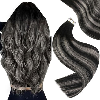 Picture of Easyouth Ombre Tape in Human Hair Extensions Off Black Fading to Silver Mixed Natural Black Tape ins Human Hair Extensions Double Sided Glue in Hair Extensions 22Inch 50g 20pcs