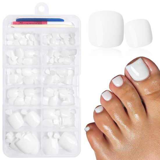 Picture of LuckForever 168pc Press on Toenails Women Fake Toe Nails with Glue Adhesive Tabs, White Fake Toenails Press on Nails Toe Acrylic Nail Tips Short Square False Toenails Artificial Toe Nails Press ons