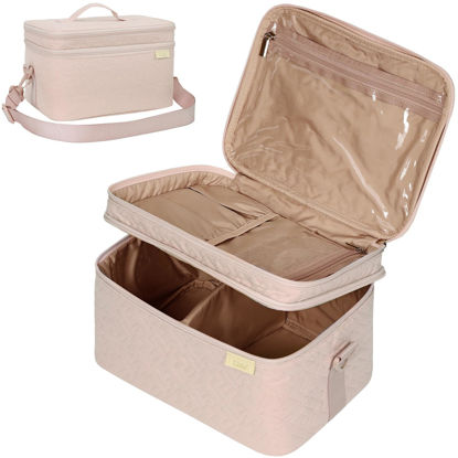 Picture of NISHEL Extra Large Double Layer Travel Makeup Bag Women, Cosmetic Organizer Case, Essentials Accessories with Shoulder Strap for Bottles, Brushes, Conditioner, Skin Care Products, Pink