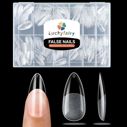 Picture of Luckyfairy Medium Almond Nail Tips, 360pcs Soft Gel Pre-Shaped Acrylic Fake Nails, Half Matte Full Cover Clear Gelly Press on Flase Nail Tips for Extension Nail Manicure Home DIY 12 Sizes Gelly Tips