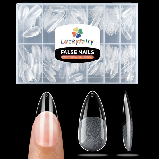 Picture of Luckyfairy Medium Almond Nail Tips, 360pcs Soft Gel Pre-Shaped Acrylic Fake Nails, Half Matte Full Cover Clear Gelly Press on Flase Nail Tips for Extension Nail Manicure Home DIY 12 Sizes Gelly Tips