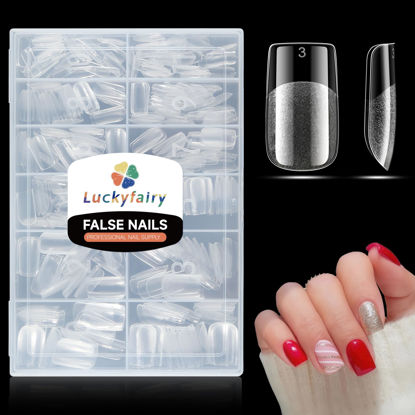 Picture of Short Square Gel x Nail Tips Full Cover 360pcs Pre-buff Short Square Fake Acrylic Nails Half Matte Clear False Nail Tips for gel x nail extension DIY Gelly Tips, 12 Sizes Luckyfairy