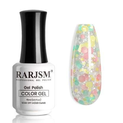 Picture of RARJSM Glitter Gel Nail Polish Pink Yellow Green Patel Spring Summer Color Big Flakes Gel Polish Sparkly Chunky Clear Shimmer Pigments Soak off Led UV Curing Required for Home Salon Manicure 15ml