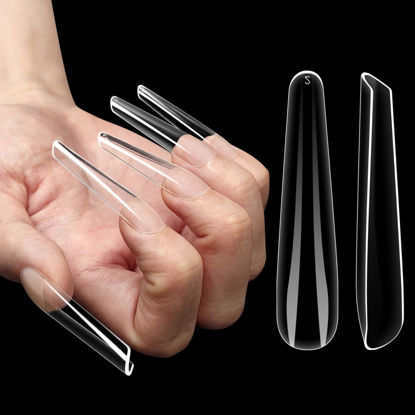 Picture of NOVO OVO Nail Tips Russian Almond Coffin Ballerina, Soft Gel x Acrylic Full Cover Nail Kit for Russia 3D Sculptured Edge Fake Nails Manicure, Extra Long XL XXL French tip Press on 10 sizes 360pcs