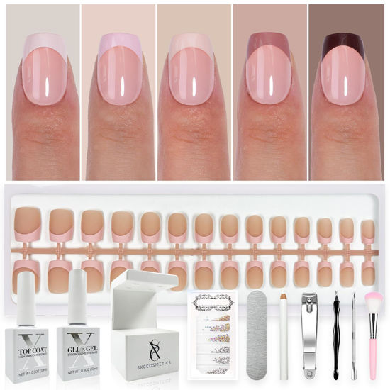 Picture of SXC Cosmetics French Tip Press On Nails - Skin Tone Nude and Color Series, XS Square X-Pro Tips Starter Kit ST113KIT