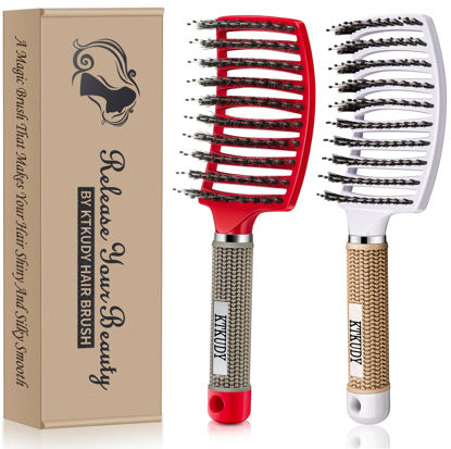 Picture of Detangling Brush Boar Bristles Set KTKUDY Hair Brush Curved and Vented Detangler Brush for Women Men Kids Wet and Dry Hair (Red&White)