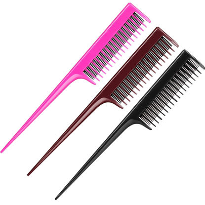 Picture of Leinuosen 3 Pcs Triple Teasing Comb Rat Tail Comb Tool Tease Layers Pintail Comb for Women Back Combing Root Teaser Adding Volume Structure Styling(Black, Pink and Brown)