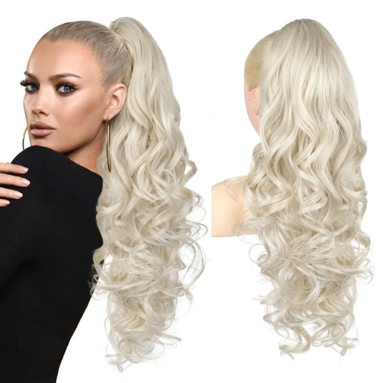 Picture of REECHO Ponytail Extension, 24" Claw Clip in Ponytail Extensions Long Curly Wavy Ponytail Hair Extension Jaw Clip on Pony Tails Hairpiece for Women - Platinum Blonde