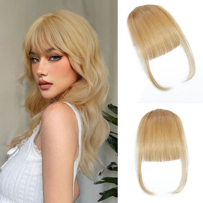 Picture of ELEFOCUS Clip in Bangs 100% Real Human Hair Extensions Wispy Honey Blonde Fake Bangs Hair Clip on bangs for women Fringe with Temples Hairpieces Faux Bangs for Daily Wear
