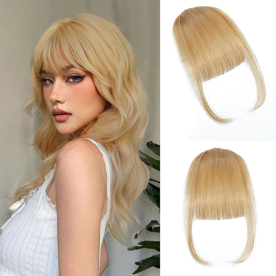 Picture of ELEFOCUS Clip in Bangs 100% Real Human Hair Extensions Wispy Honey Blonde Fake Bangs Hair Clip on bangs for women Fringe with Temples Hairpieces Faux Bangs for Daily Wear