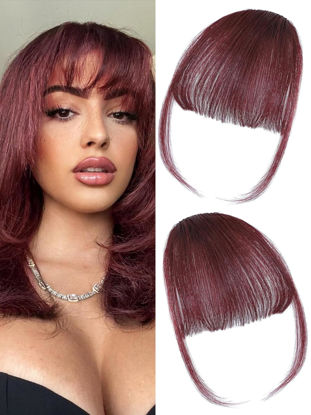 Picture of ELEFOCUS Clip in Bangs 100% Real Human Hair Extensions Wispy Burgundy Fake Bangs Hair Clip on bangs for women Fringe with Temples Hairpieces Faux Bangs for Daily Wear