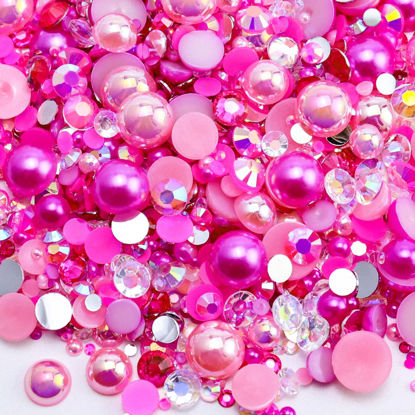 Picture of Briskbloom 60g Mix Pearls and Rhinestones for Crafts, 3620PCS 2mm-10mm Flatback Pearl Rhinestones for Nails Face Art Tumblers, Jelly Rhinestones and Half Pearls, Light Pink|Hot Pink|Clear