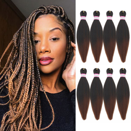 Picture of Dorsanee Braiding Hair Pre Stretched 14 Inch 8 Packs Ombre Brown Braiding Hair Extensions for Crochet Box Braids Twists Locs Hair Soft Yaki Texture Hot Water Setting (14inch,#1B/30)