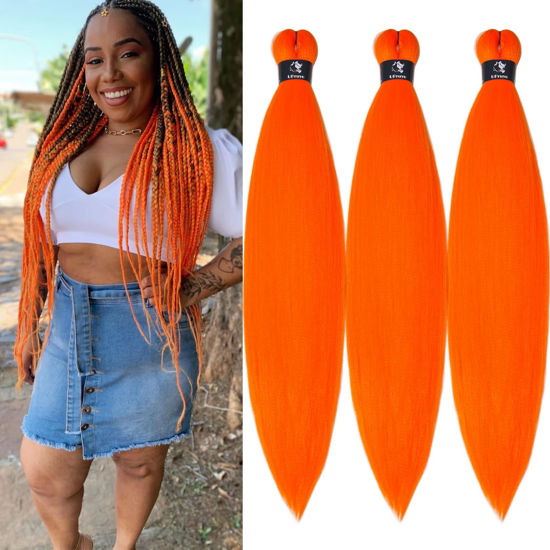 Picture of Orange Braiding Hair Pre Stretched Kanekalon Prestretched Braiding Hair 26 Inch 3 Packs Synthetic Hair Extensions for Braiding by UPruyo (3 Packs-Orange)