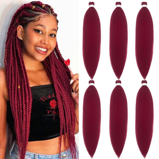 Picture of Dark Red Burgundy Braiding Hair Pre Stretched 26 inch Synthetic Hair for Braiding Micro Braiding Hair Extensions for Box Braids Long Knotless Prestretched Pre Stretched Braiding Hair (Pack of 6, 900#)