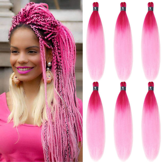 Picture of Pink Braiding Hair Pre Stretched Ombre 6 Pack EZ Crochet Braid Long Braiding Hair Pre Stretched Colorful Itch Free Synthetic Fiber Braids Hair Extensions 24 In Prestretched Braiding Hair by UPruyo