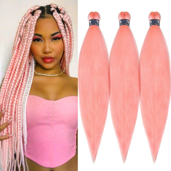 Picture of UPruyo Peach Light Pink Braiding Hair Pre Stretched Prestressed Braiding Hair 26 inch Hypoallergenic Crochet Ez Box Braid Braiding Hair Extensions Synthetic Hair for Braiding (3 Packs)