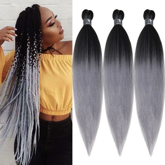 Picture of Pre Stretched Braiding Hair Ombre Black Silver Grey Braiding Hair Pre Stretched Kanekalon 26 Inch Long Prestretched Braiding Hair Ombre Synthetic Hair for Braiding Extensions UPruyo (3 Packs)