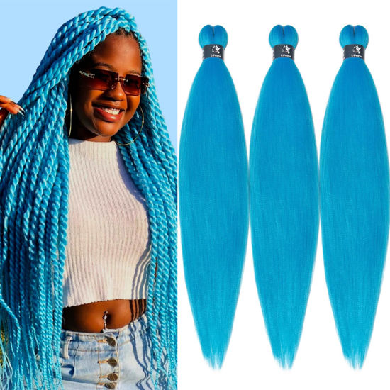 Picture of UPruyo Light Blue Braiding Hair Pre Stretched Kids Colored Spetra Prestretched Prestressed Braiding Hair Extensions for Braiding Box Micro Braids Synthetic Hypoallergenic Braiding Hair Blue 3 packs